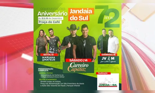 Jandaia do Sul comemora 72 anos com shows; confira a programação