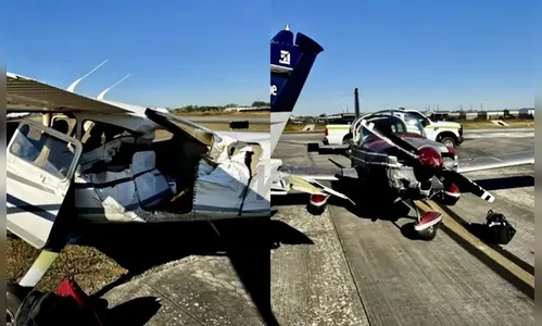 Piloto faz pouso de emergência e colide contra outro avião; veja vídeo