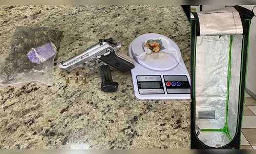 Jovem é preso pela PM com pistola, crack, maconha e estufa