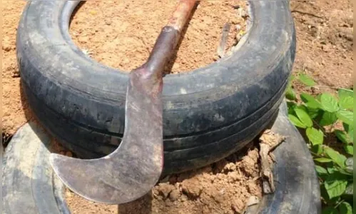 Homem embriagado ameaça filho com foice e acaba detido