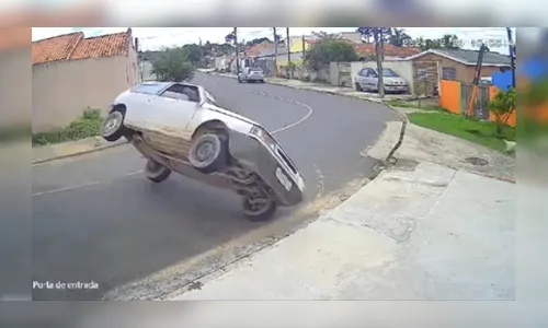Carro capota, bate em casa e mata cachorro; veja flagrante