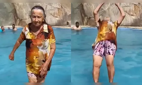 Terror do INSS: idosa ‘dá mortal para trás’ em piscina e impressiona