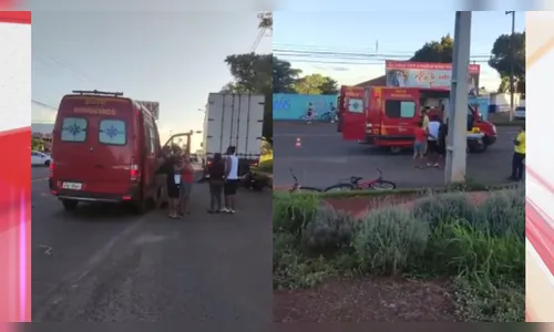 Ciclista e motociclista ficam feridos após acidente com carreta