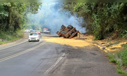 Caminhão tomba, pega fogo e bloqueia BR-153 por cinco horas no PR