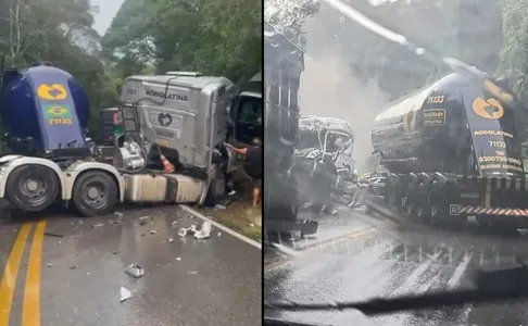 O caminhão acabou ‘lateralizando’ a cabine e o motorista ficou enclausurado