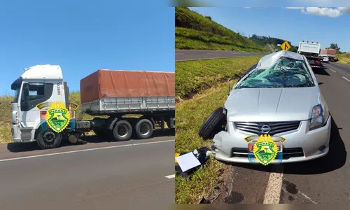 Carro capota e bate contra caminhão na PR-986; motorista ficou ferido
