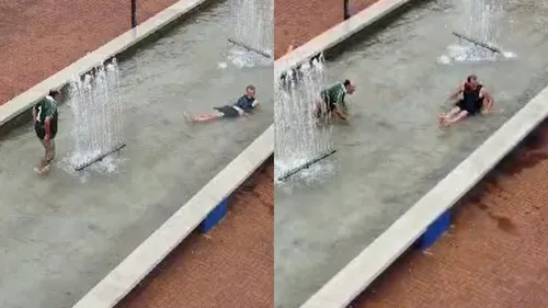 Homens são flagrados "nadando" em chafariz