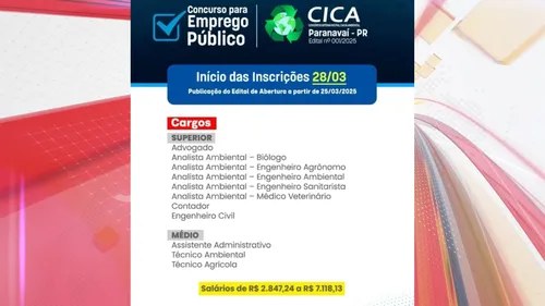 A oportunidade é para profissionais de níveis médio, técnico e superior