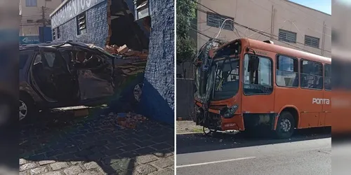 Carro destrói parede e ônibus arranca poste após grave colisão no PR