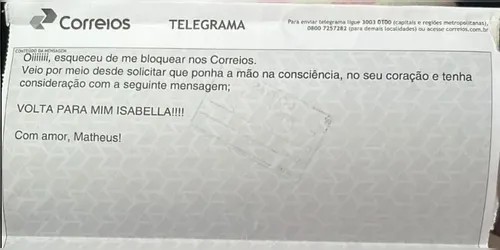 Homem envia telegrama para ex: "Esqueceu de me bloquear nos Correios"