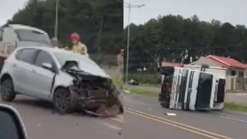 Motorista do carro tentou fazer conversão e colidiu contra caminhão