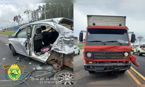 Carro fica destruído após acidente com caminhão na PR-444 em Arapongas