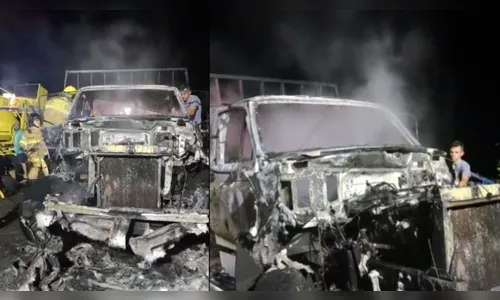 Caminhão fica destruído após pegar fogo em Cambira