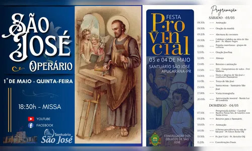 Santuário São José celebra São José Operário e Festa Provincial