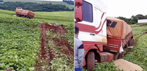 Caminhão está em uma lavoura às margens da BR-277