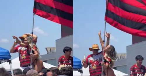 Vestida com a camisa do Flamengo, ela dançou de fio-dental em cima de um carro ao lado de flamenguistas que aguardavam o jogo contra o Chelsea.