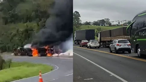 Caminhão tomba, pega fogo e bloqueia totalmente a BR-376 em Ortigueira