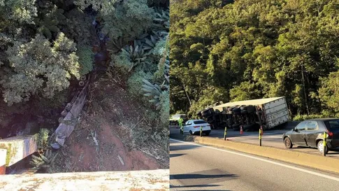 Rodovia é interditada para resgate de vítima após caminhão despencar de viaduto no PR