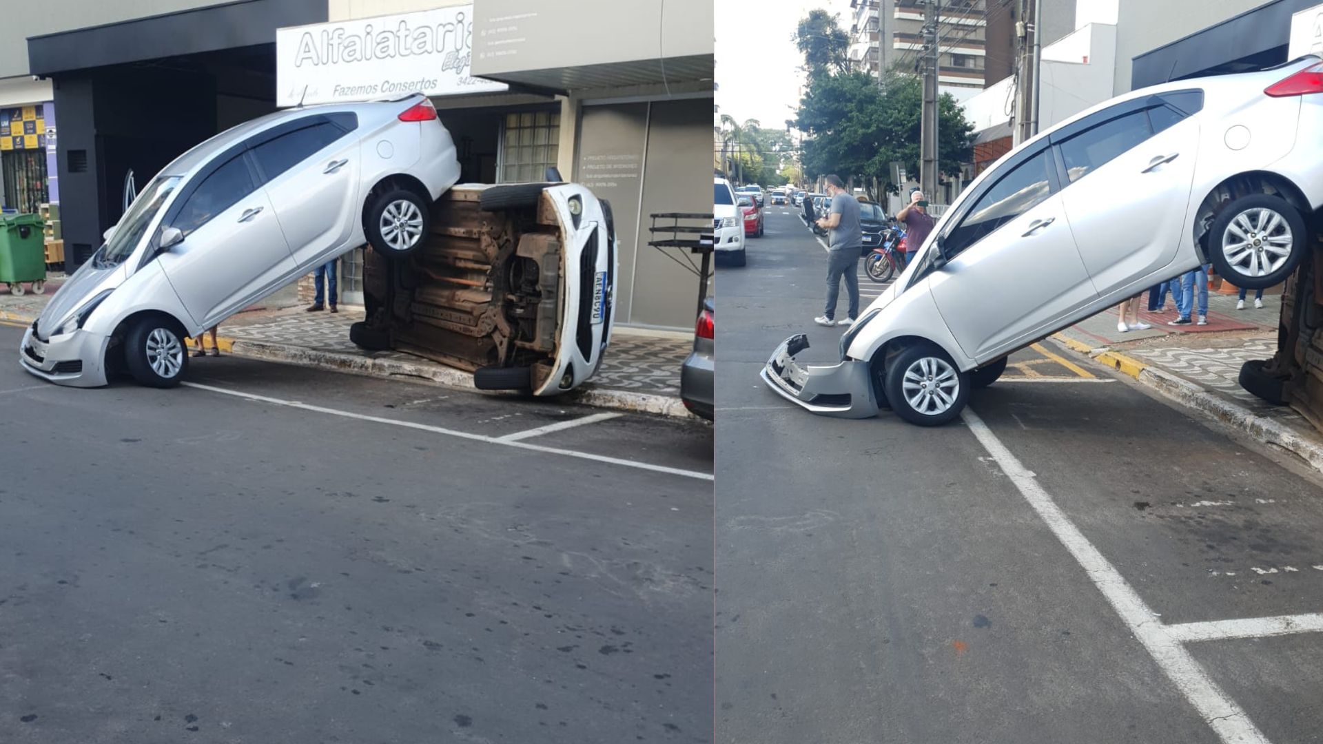 Veículo "sobe" em outro em acidente no centro de Apucarana; assista
