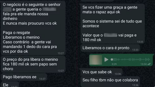 Prints mostram pai recebendo ameaças em sequestro forjado pelo filho