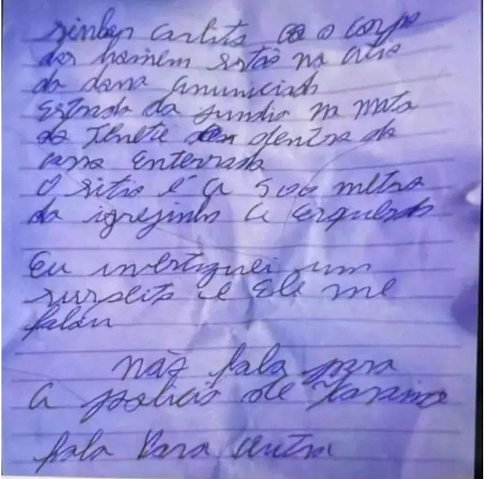 A carta foi deixada na porteira da residência do pai de Alencar Gonçalves de Souza