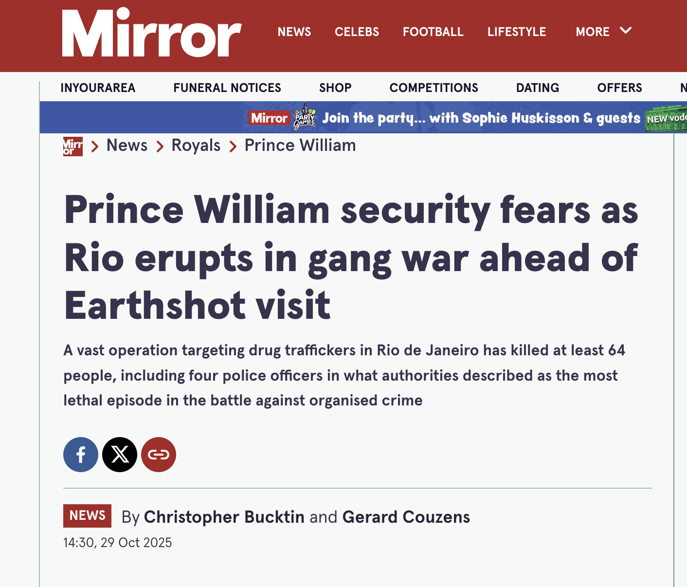 Viagem do príncipe William ao RJ preocupa após megaoperação