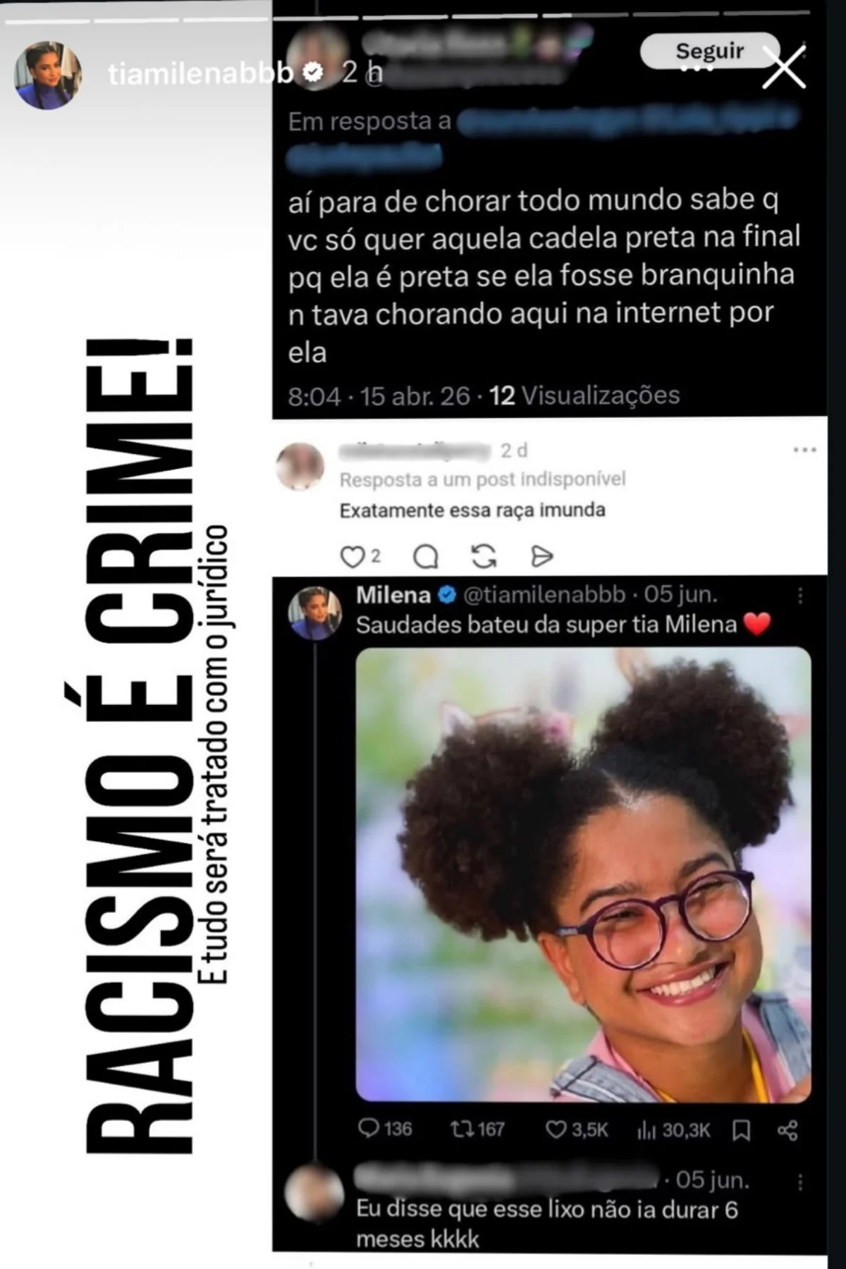 Tia Milena expõe ofensas racistas após jantar com ex-BBBs: "Tudo será tratado com jurídico"