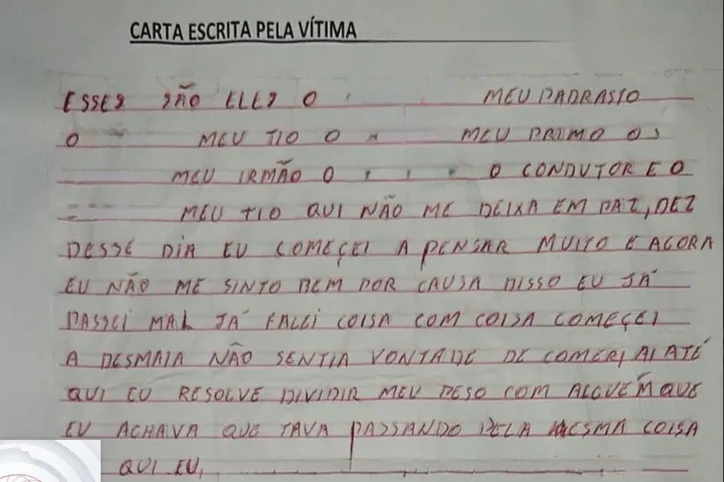 Em carta, criança expõe abusos de padrasto, tio e motorista de escolar