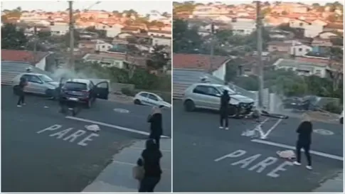 Após colisão, motorista e passageiras deixam veículo, que cai em barranco; veja vídeo