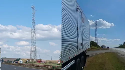 Imagens mostram o homem no topo da torre de telefone.
