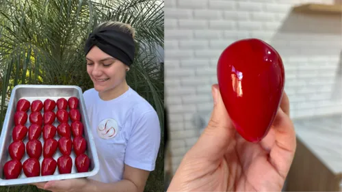 O doce consiste em um morango envolto em um brigadeiro branco com uma casquinha crocante de açúcar.