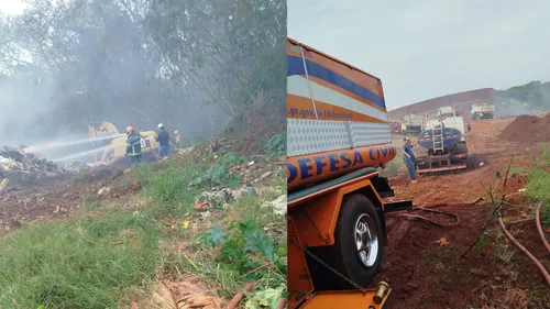 Equipes continuam empenhadas em combater o incêndio no aterro sanitário