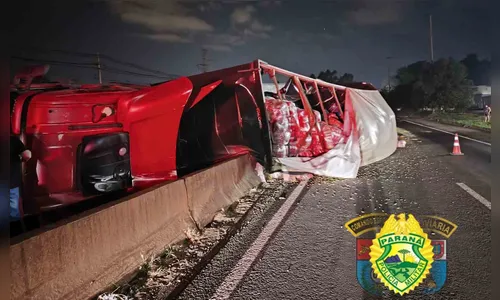 Motorista fica ferido após tombamento de carreta na PR-445 em Londrina
