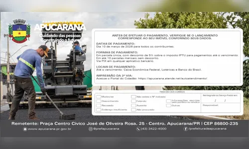 Prefeitura de Apucarana entrega carnês do IPTU pelos Correios