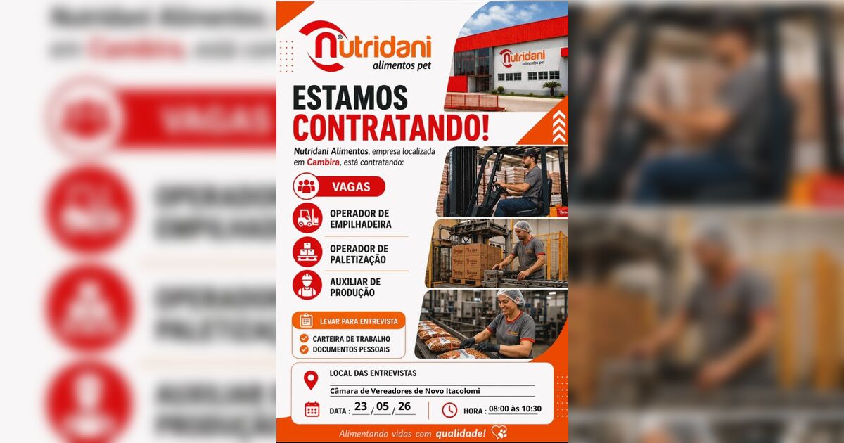 Nutridani tem vagas para Marumbi, Kaloré, Bom Sucesso, Borrazópolis e Novo Itacolomi