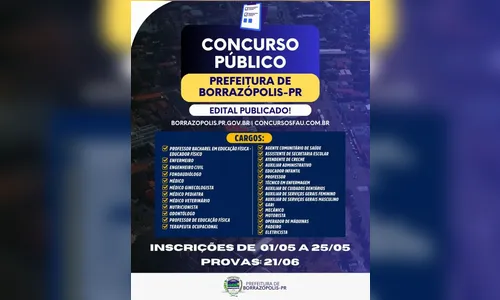 Borrazópolis tem inscrições abertas para concurso público com salários de até R$ 21 mil