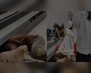 Padre abençoa homem que dormia com cachorro no chão de igreja no Paraná