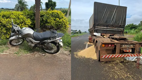 Após a colisão, um dos semirreboques capotou às margens da rodovia e derramou a carga de soja
