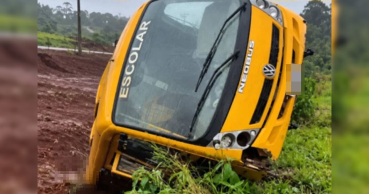 ônibus escolar dentro de vala às margens da PR-272 em Faxinal