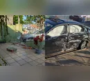Jetta desgovernado bate em carro estacionado e destrói muro de casa em Apucarana