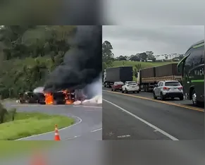 Caminhão tomba, pega fogo e bloqueia totalmente a BR-376 em Ortigueira