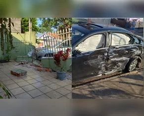 Jetta desgovernado bate em carro estacionado e destrói muro de casa em Apucarana