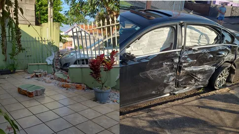 Jetta desgovernado bate em carro estacionado e destrói muro de casa em Apucarana