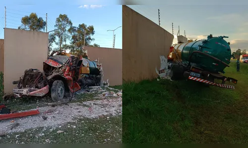 Caminhão-tanque colide contra muro e deixa três feridos em Arapongas