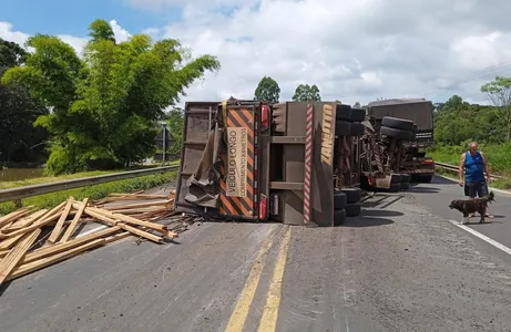 Carreta bitrem carregada com madeira tombou, bloqueando um dos sentidos da rodovia.