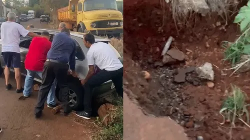 Carro caiu em cratera no Jardim das Flores