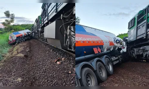 Caminhão-tanque colide com trem e é arrastado por cerca de 100 metros