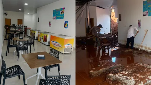 Antes e depois da sorveteria destruída pela enxurrada