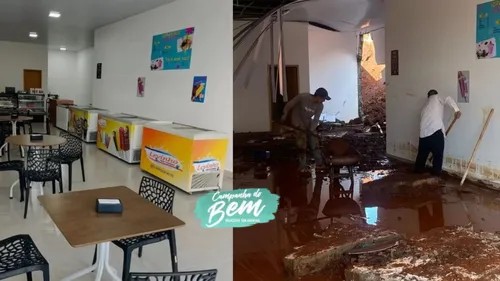 O estabelecimento, inaugurado em 15 de março na Avenida Aviação, teve a parede dos fundos rompida pela força da água que invadiu o local, estourou a porta de blindex e arrastou móveis, sorvetes e refrigeradores para fora do comércio.