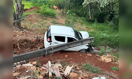 Motorista perde controle de carro, desce ribanceira e derruba poste em Apucarana